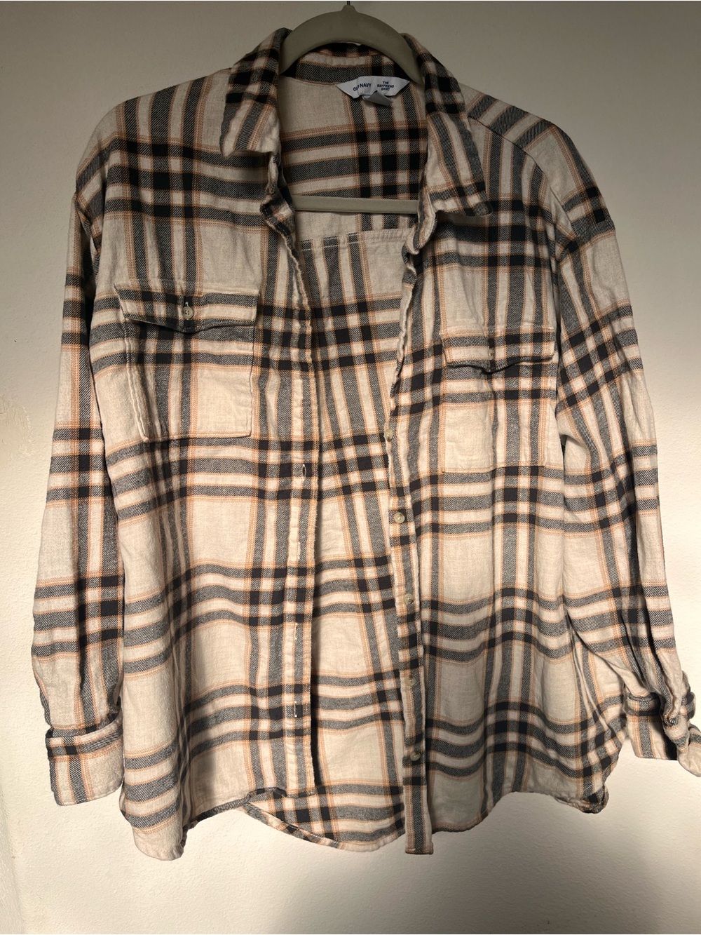 Old Navy Plaid Boyfriend Shirt in Cream, Black & Orange